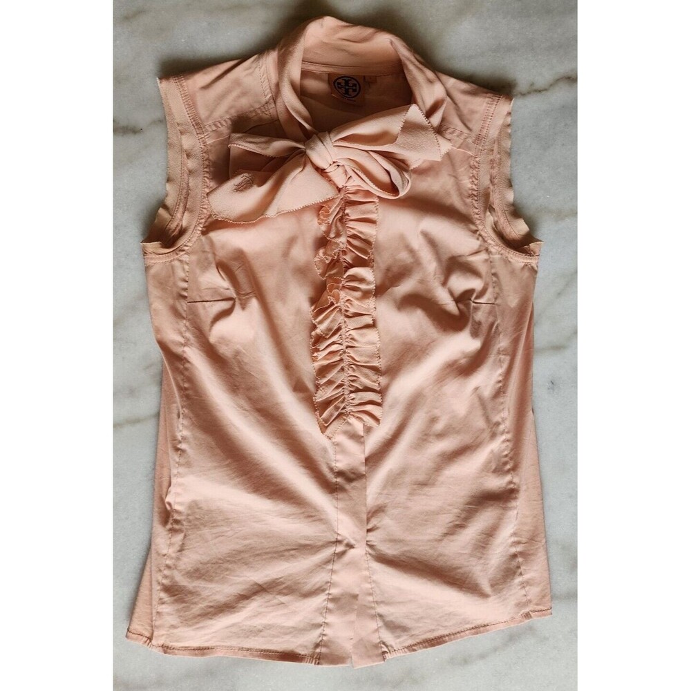 Tory Burch Tie-Neck Ruffle Front Sleeveless Peach Pink Button Up Tank Top Size 2